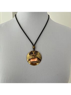 BRASS & COPPER Tone Round Modern Pendant Adjustable Length Cord Necklace Bold